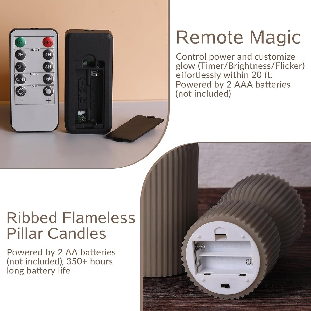 Taupe Ribbed Flameless Pillar Candles with Remote Set of 2