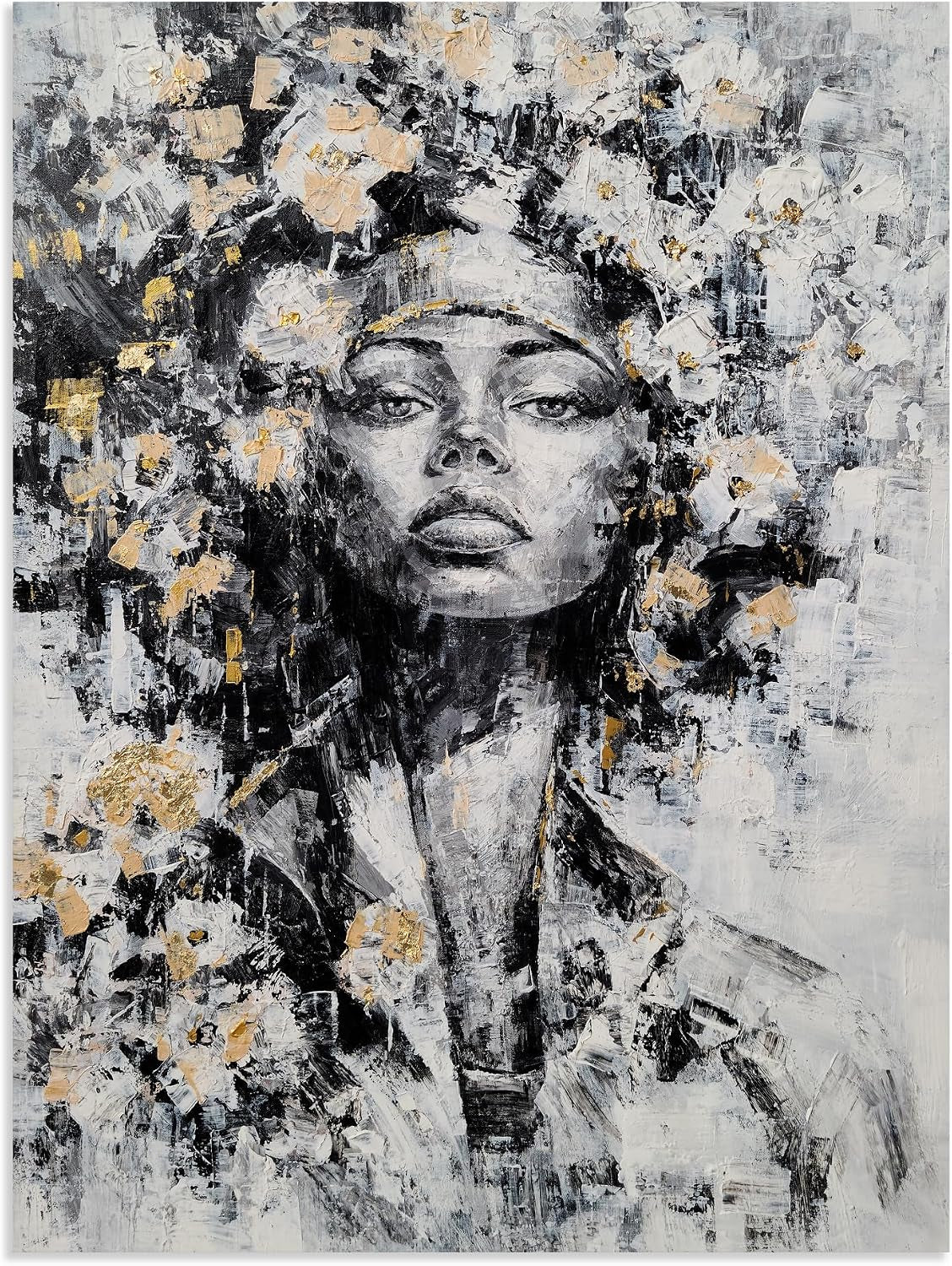 Black Woman Canvas Wall Art - Abstract Flower Painting on Head - African American Pictures for Living Room Bedroom Bathroom Decor