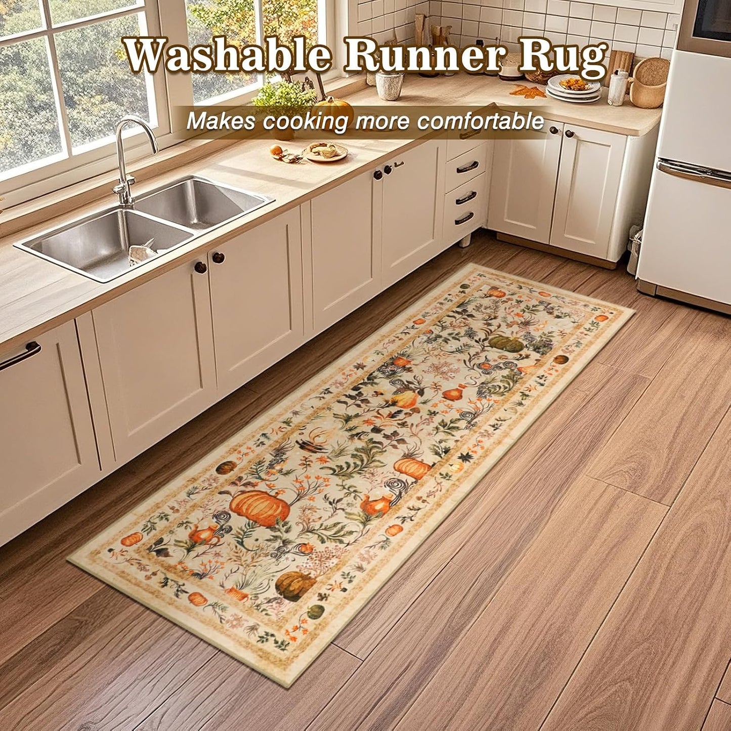 Pumpkins Fall Runner Rug Low Pile, Thanksgiving Kitchen Rugs 2X6Ft, Washable Holiday Mats for Kitchen Floor Non-Slip, Autumn Home Decor for Bedroom Entryway Laundry Room (Orange)