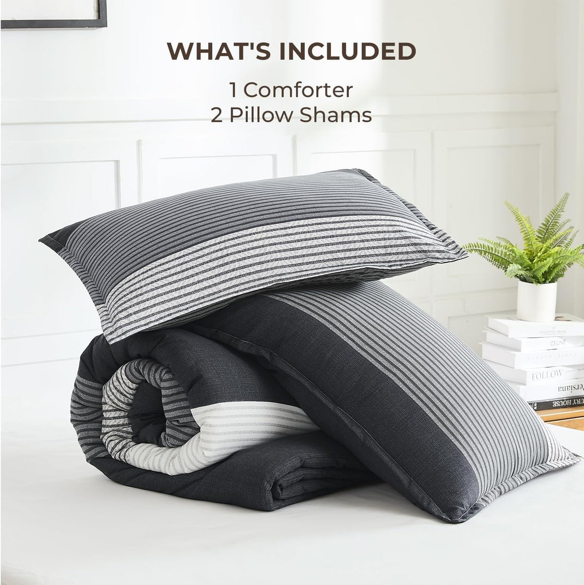 Queen Comforter Set Black - 3 Pieces Stripe Bedding Comforter Sets