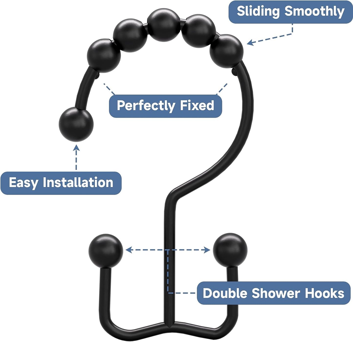 Matte Black Shower Curtain Hooks Rings, Rust-Resistant Metal, Set of 12 Hooks 