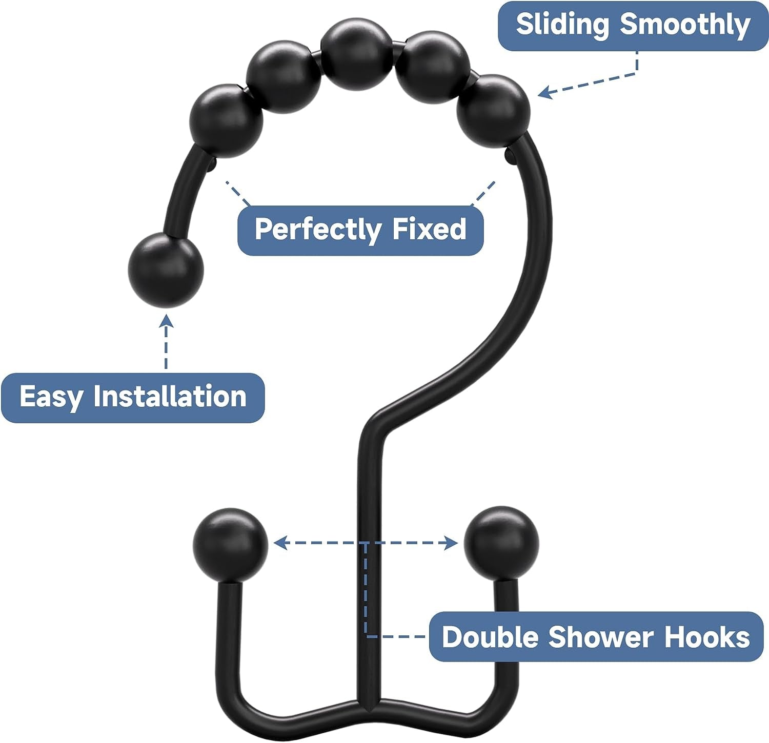 Matte Black Shower Curtain Hooks Rings, Rust-Resistant Metal, Set of 12 Hooks 