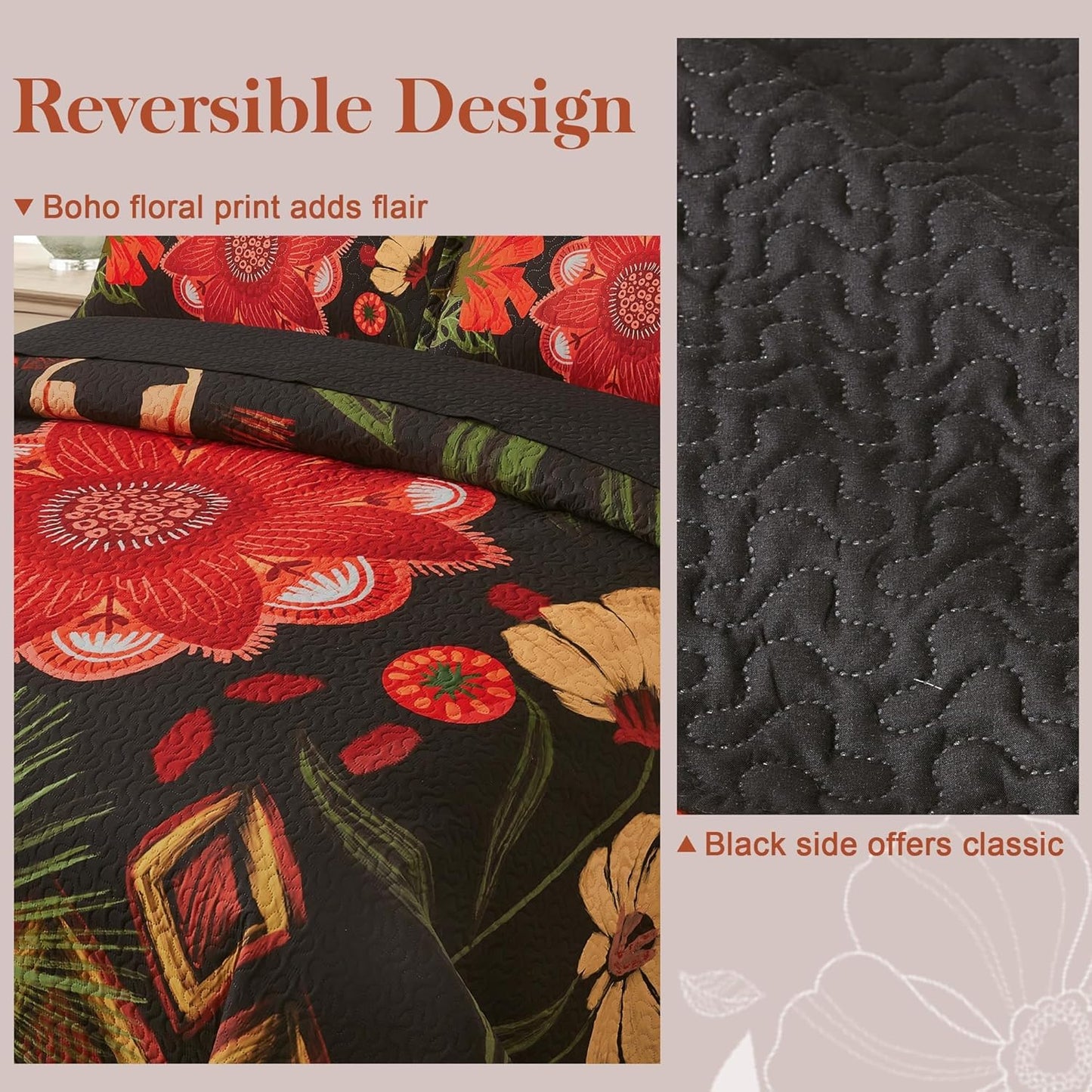 3 Piece Black Red Boho Floral Full/Queen Quilt Sets, Farmhouse Reversible Lightweight Bedspread Coverlet with 2 Shams,Set for All Season, 90''X96''
