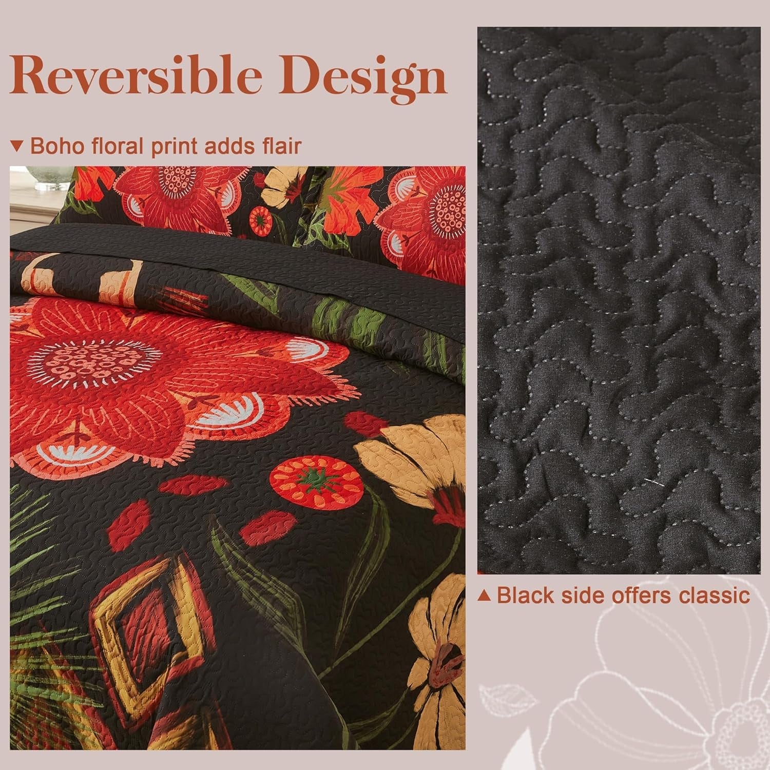 3 Piece Black Red Boho Floral Full/Queen Quilt Sets, Farmhouse Reversible Lightweight Bedspread Coverlet with 2 Shams,Set for All Season, 90''X96''