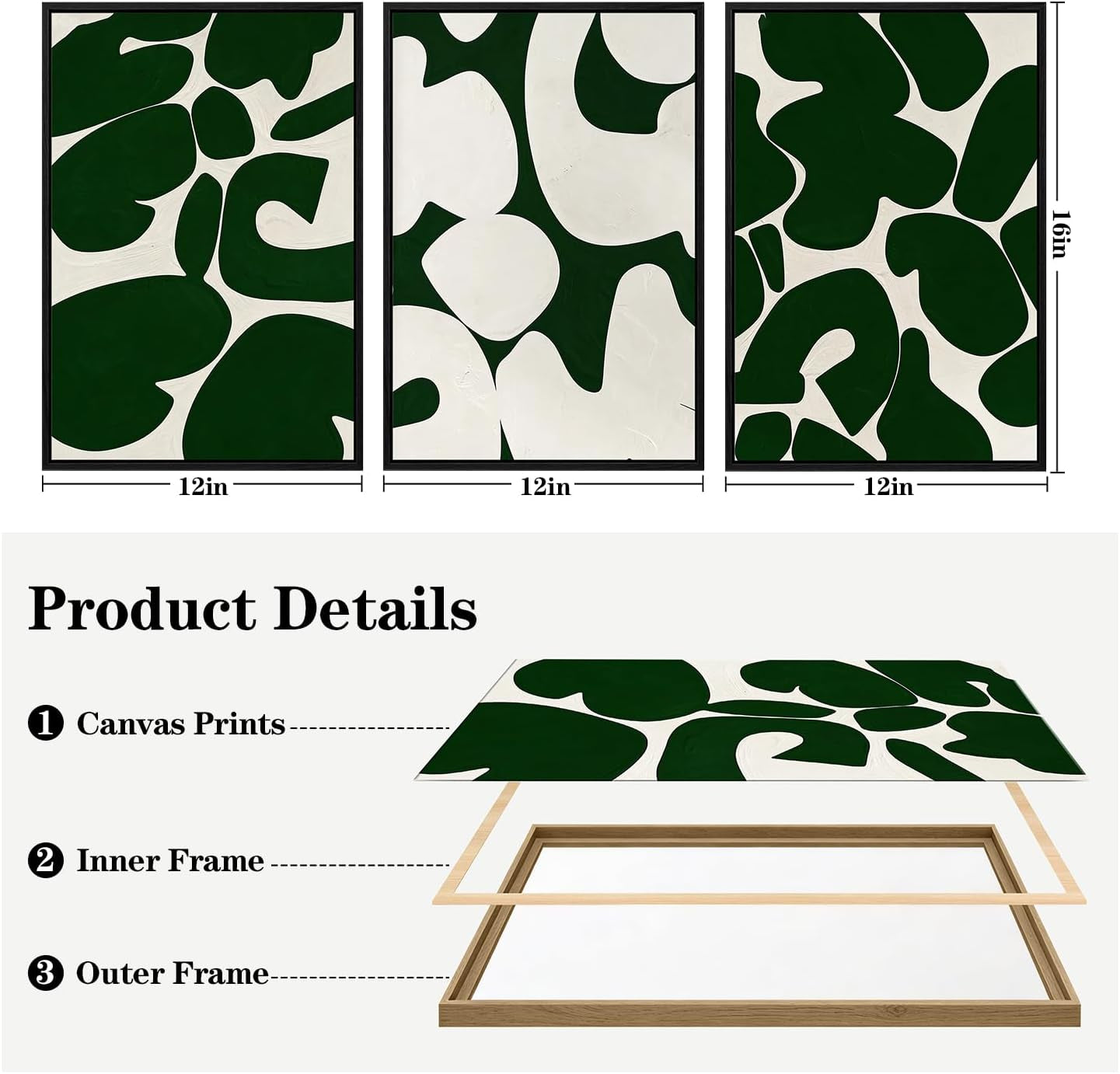 3Pcs Framed Canvas Wall Art, Neutral Abstract Wall Art for Living Room, Green and White Pictures 12X16