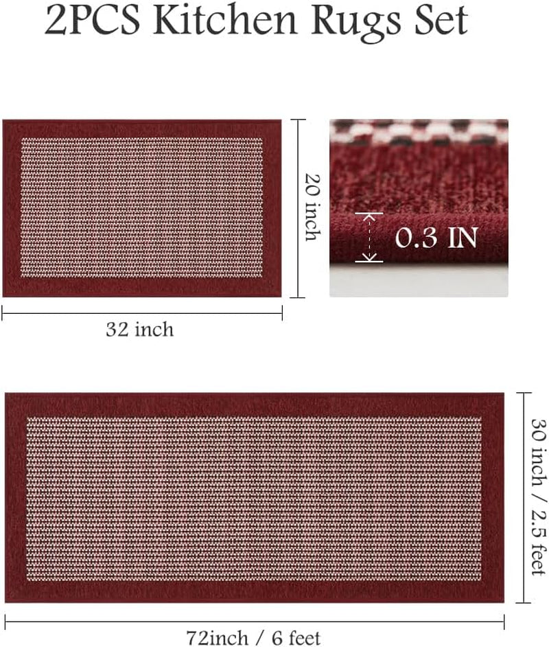 NonSlip Kitchen Rugs Sets of 2 - Extra Large 2.5'X6' + 20"X32" Runner Rugs for Kitchen, Absorbent Kitchen Mat for in Front of Sink 2 Piece Red