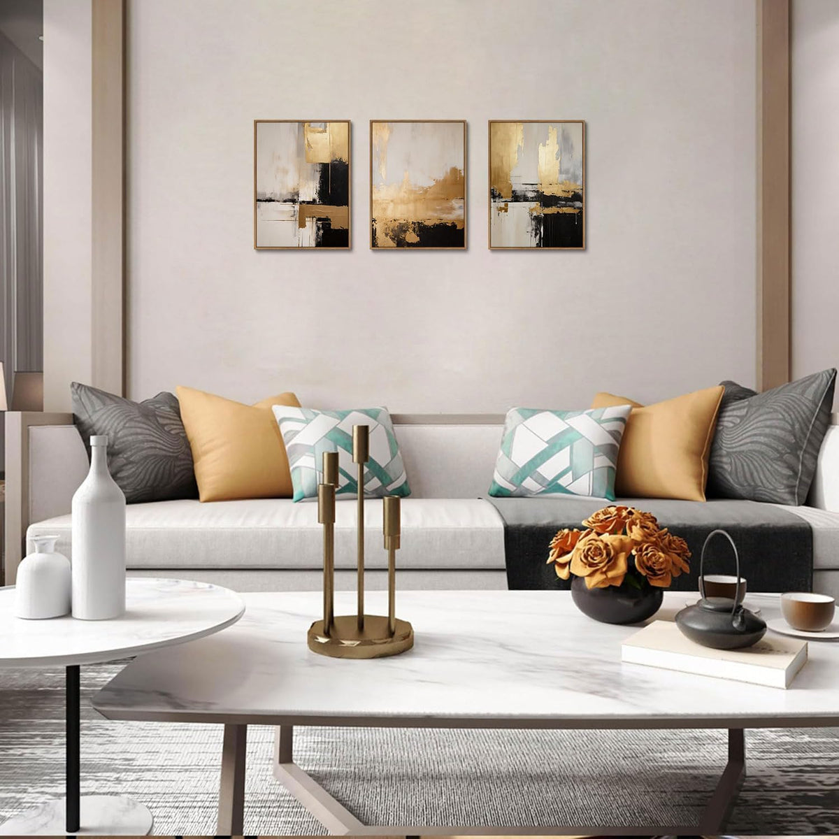 3 Piece Framed Wall Art Abstract Wall Decor Black Gold Pictures Modern Minimalist Canvas Art Large Luxury Paintings Artwork for Living Room Bedroom Office