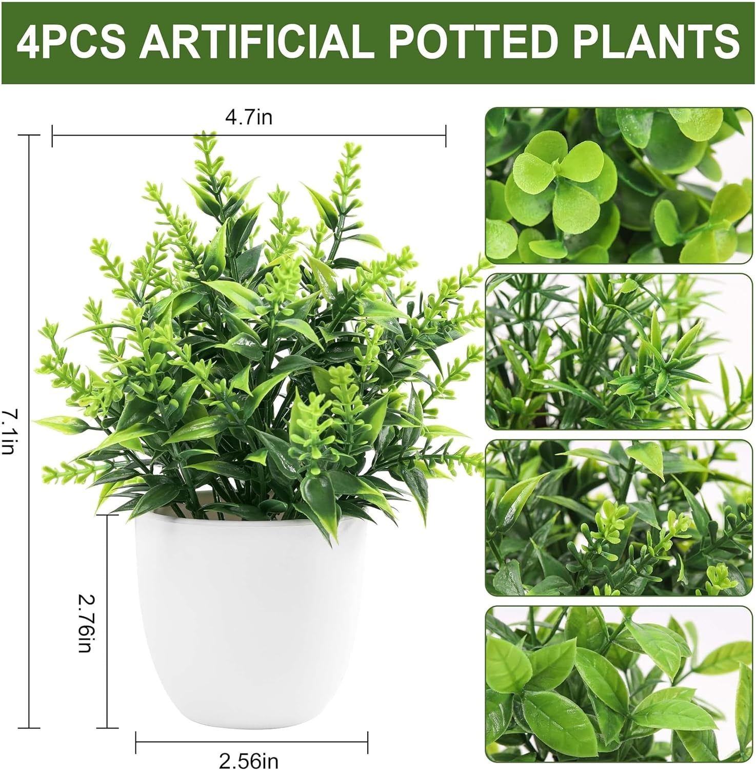 4 Pack Faux Plants Indoor Small Fake Plants, Fluffy Pretty Look for Shelves (No Soil or Pollen)