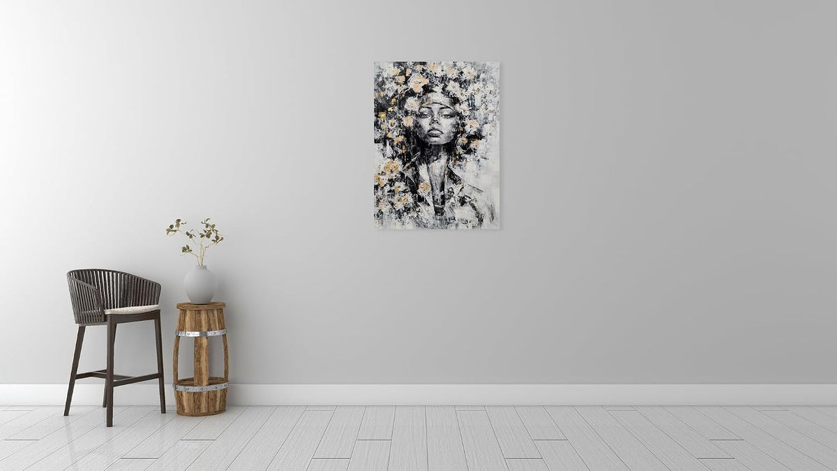 Black Woman Canvas Wall Art - Abstract Flower Painting on Head - African American Pictures for Living Room Bedroom Bathroom Decor