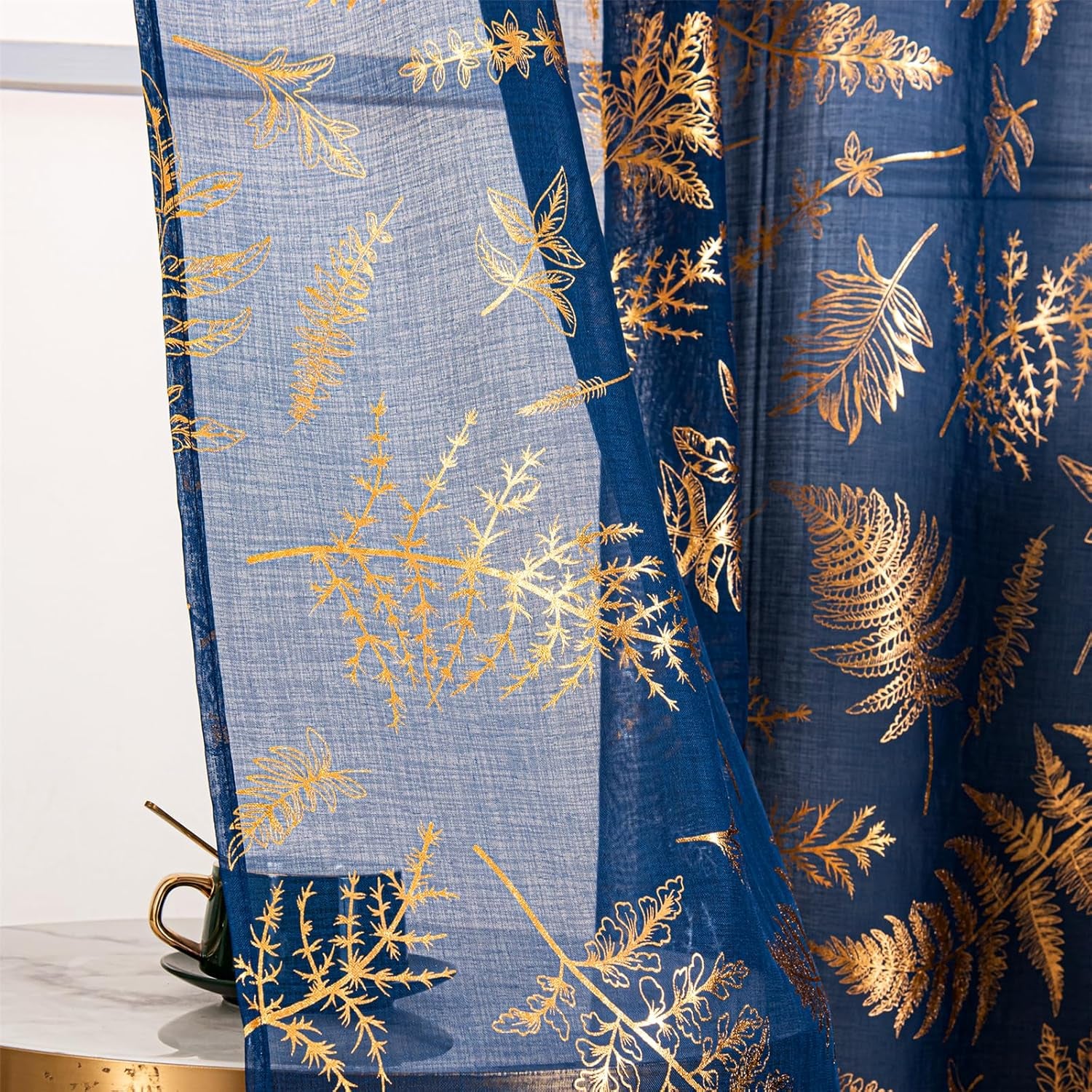 Sheer Curtains 2 Panels, Gold Foil Metallic Vine Leaves Print Window Treatments Pair, Privacy Drapes Rod Pocket 52" W X 84" L, Navy Blue