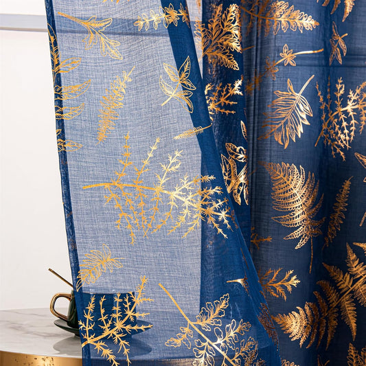 Sheer Curtains 2 Panels, Gold Foil Metallic Vine Leaves Print Window Treatments Pair, Privacy Drapes Rod Pocket 52" W X 84" L, Navy Blue