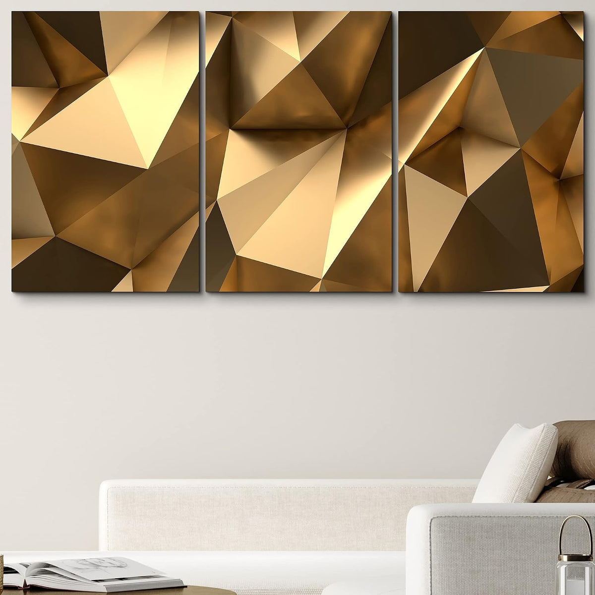 Canvas Print Wall Art Set 3D Geometric Gold Polygons Abstract Shapes Digital Art Scenic Colorful Ultra for Living Room, Bedroom, Office - 24"X36"X3 Panels