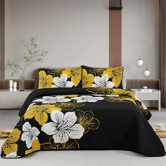 3 Pieces Quilt Set California King Gold Floral Pattern Black Quilt Coverlet Set 106"X 96"