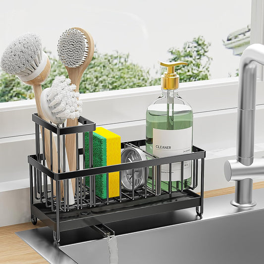 Black Sponge Holder for Kitchen Sink, Sink Caddy Organizer with High Brush Holder, Storage Essentials, Rustproof 304 Stainless Steel