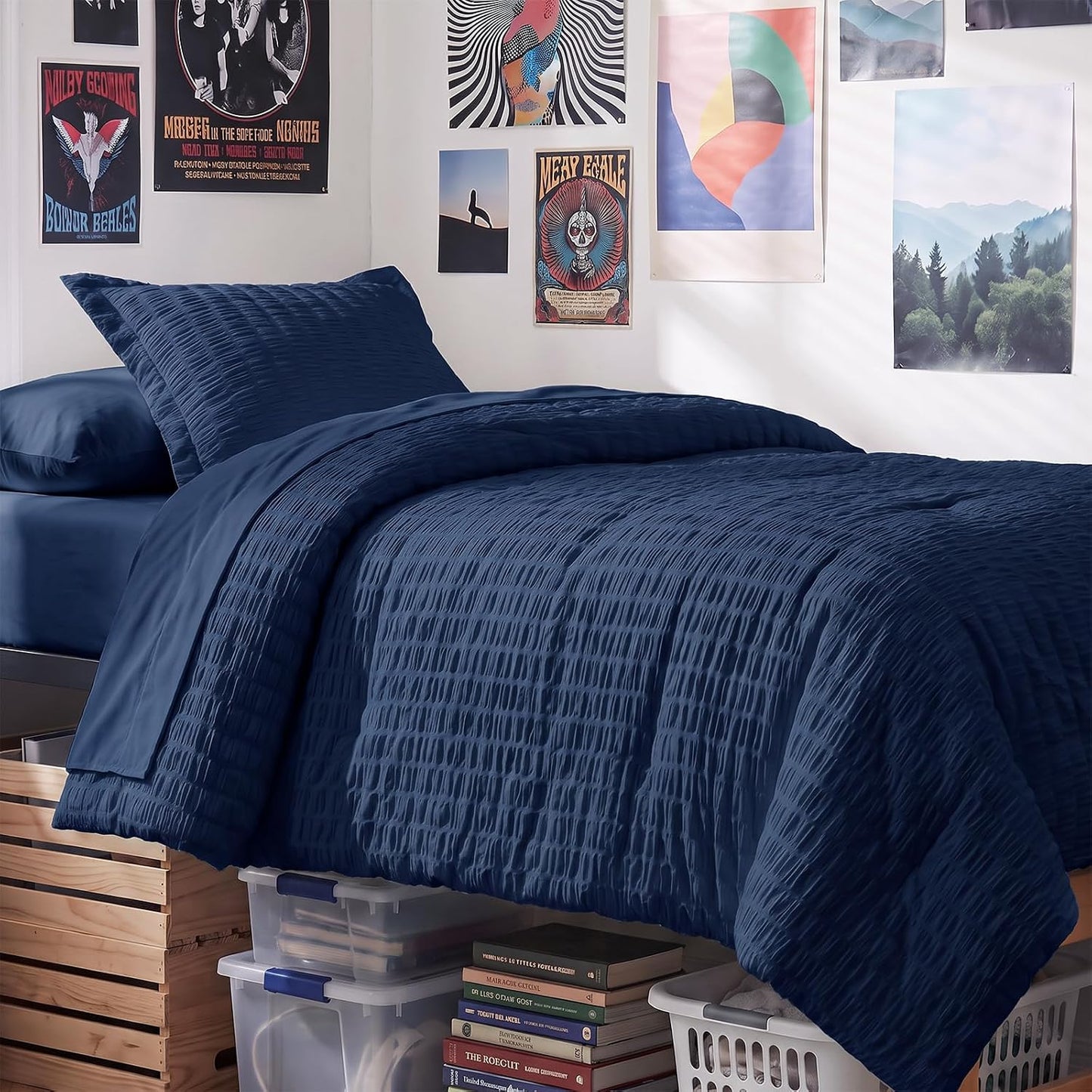 Twin XL Comforter Set, 5 Pieces Navy Blue Seersucker Bed in a Bag