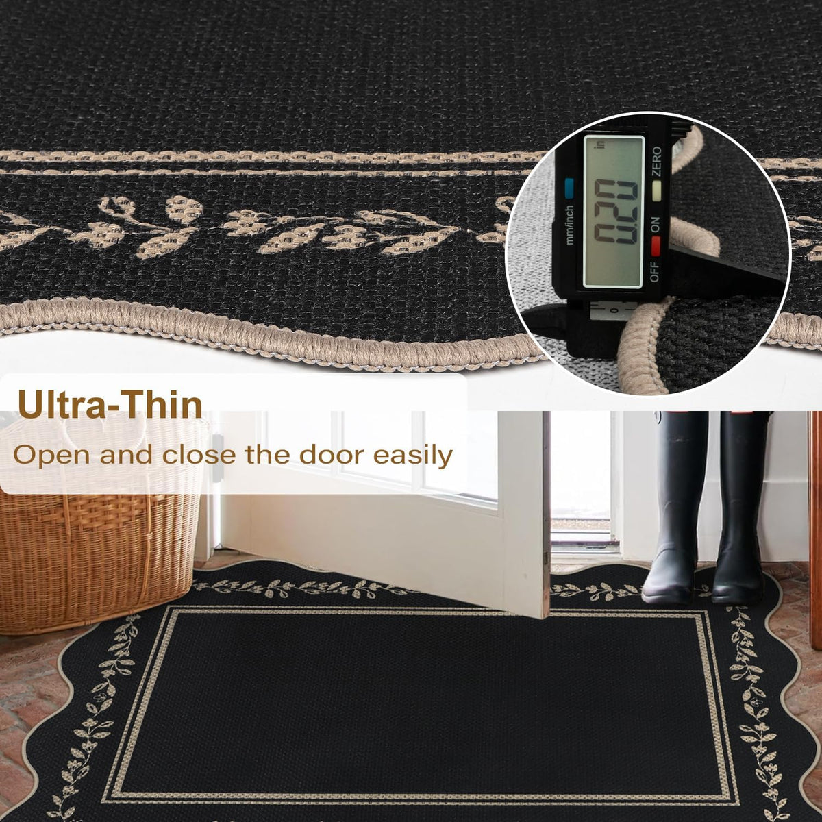 Scalloped Easy Jute Kitchen Runner Rug 2X6 Black Hallway Rugs
