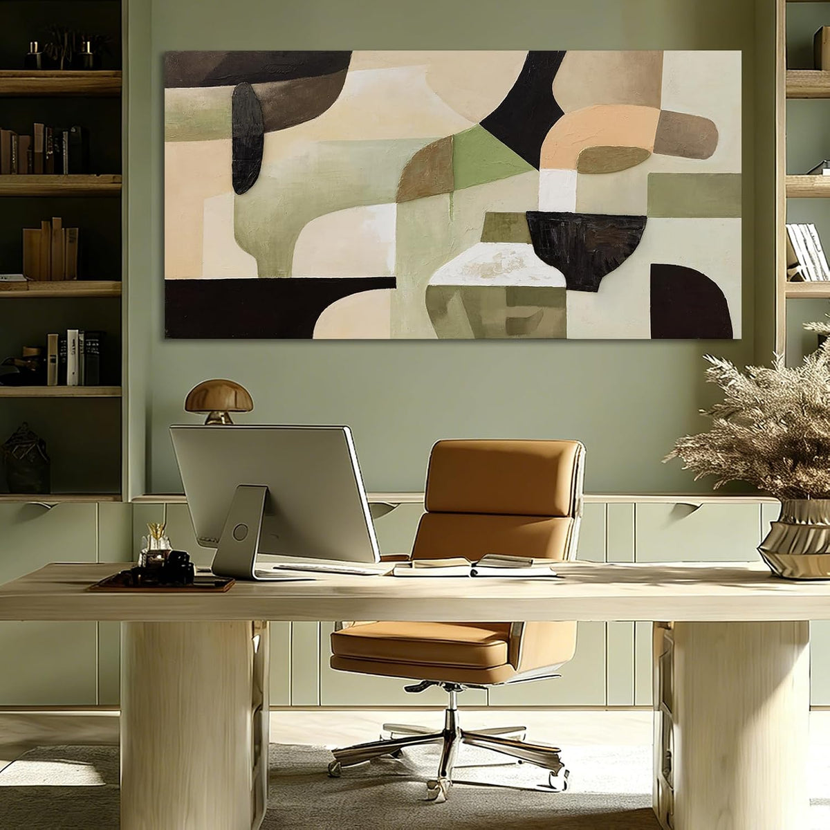 Modern Abstract Green Beige Canvas Wall Art for Living Room 24X48 Inch