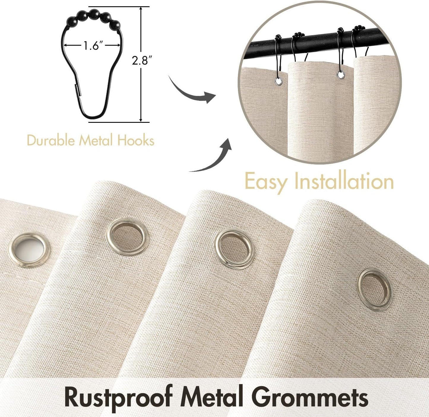 Beige Scalloped Shower Curtain Linen with 12 Metal Hooks Cute Heavy Duty Washable Waterproof, W 72*L 72 Cream