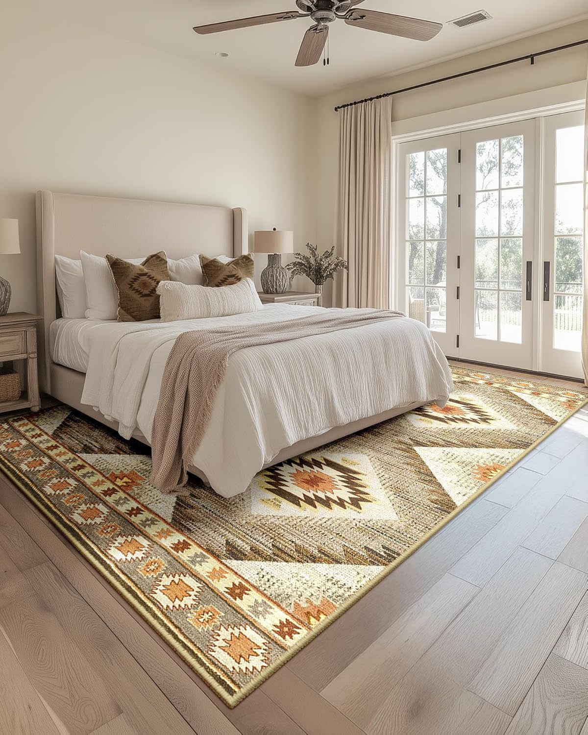 Area Rug 5X7 Machine Washable Non-Slip Print Pattern Western Rug -Cream/Camel