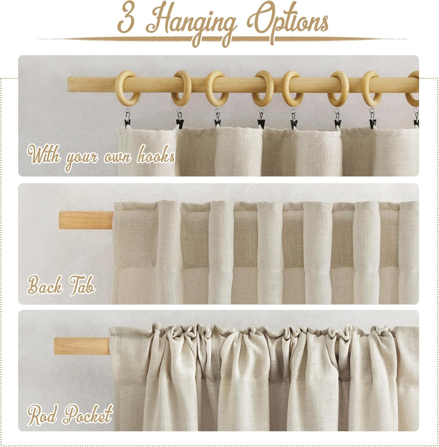 Linen Light Taupe Curtains, Rod Pocket & Back Tab Flax Linen Window Treatments Privacy Vertical Drapes with Light Filtering, W52 X L84, 2 Panels