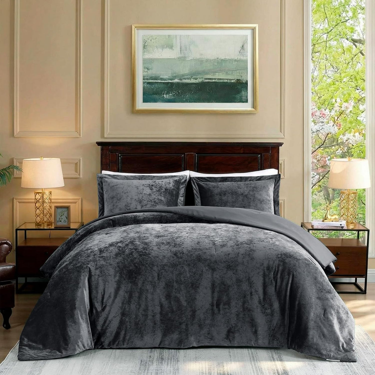 Velvet Queen Comforter Set, Luxuriously Soft Comforter Queen Size, Lightweight Bedding Set for All Seasons, Comforter (92"X96") with 2 Matching Shams (20"X26"), Grey