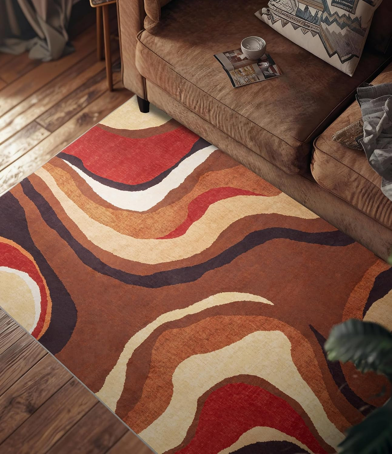 Farmhouse Brown Retro Burnt Orange Area Rug 3X5 Washable, Unique Colorful Rug 