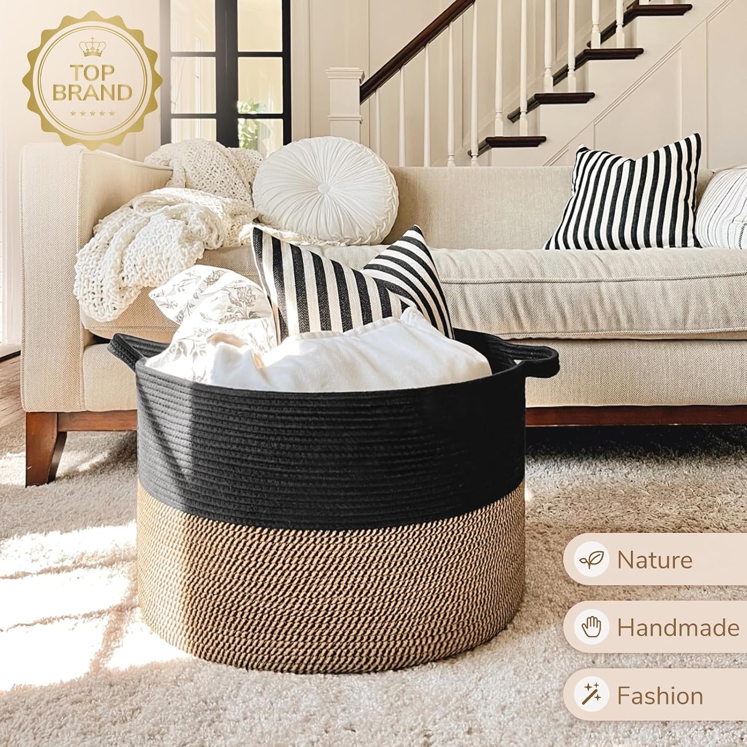 Woven Rope Blanket Basket Living Room Mix Black, Xxx large 90L