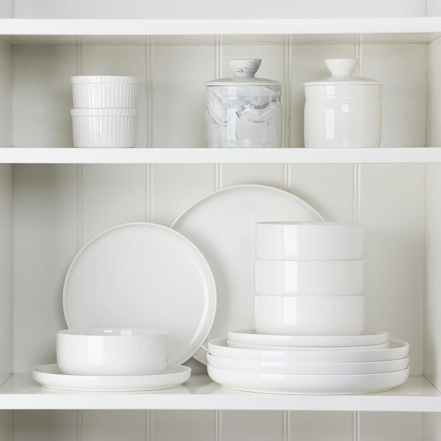 Plates and Bowls Sets, 12 Pieces Porcelain Dinnerware Sets White, Series LUNA