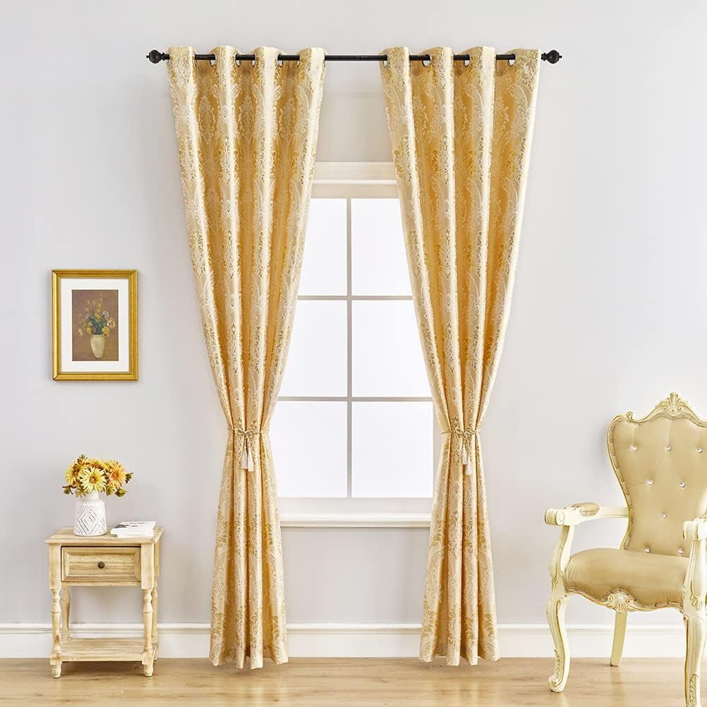 Luxury Gold Curtains, Grommet Top,2 Panels (Damask-Golden, 52" W X 84" L)