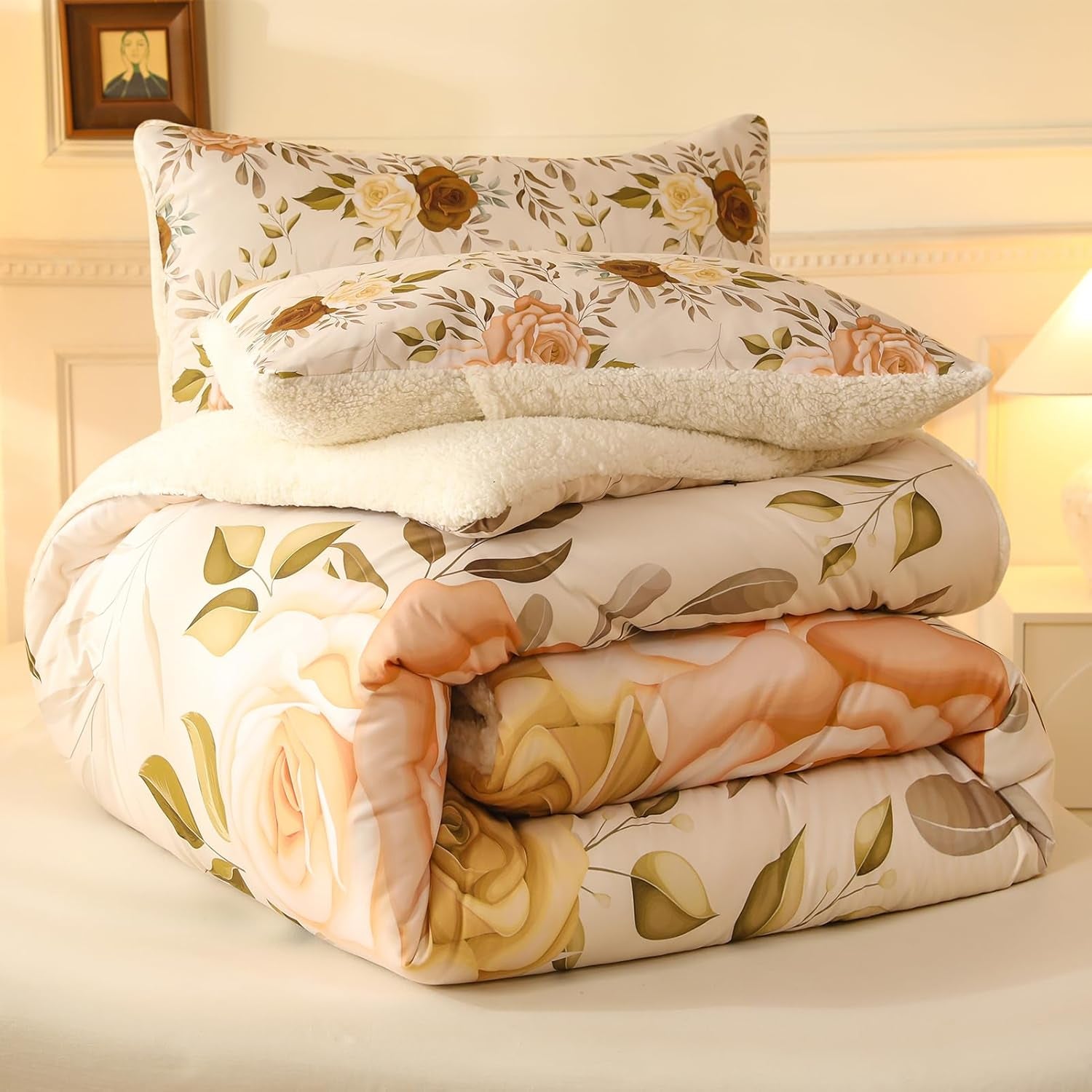 Floral Print Sherpa Comforter Set - Queen Size 3 Pieces Elegant Flowers Botanical Bedding Set, 90X90 In