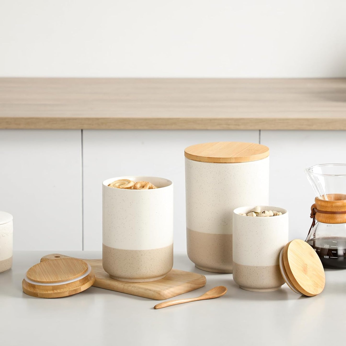 Sabine Kitchen Canister Set of 3, Ceramic Food Storage Containers with Airtight Wood Lids