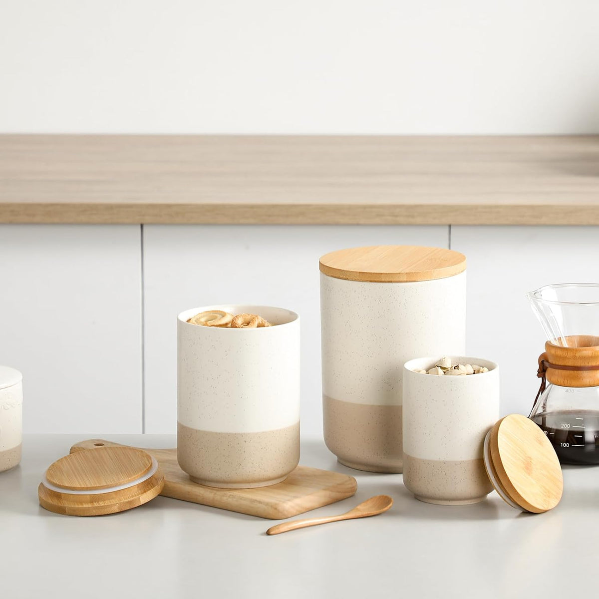 Sabine Kitchen Canister Set of 3, Ceramic Food Storage Containers with Airtight Wood Lids