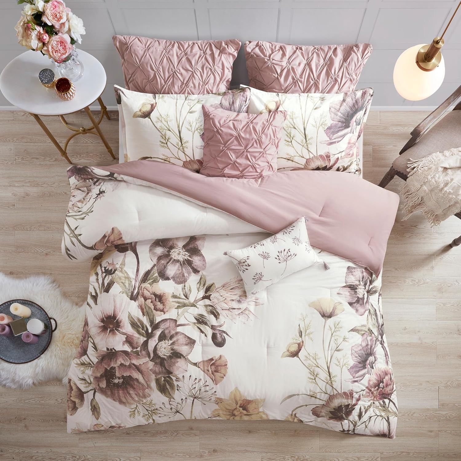 Cassandra Cotton Blend Comforter Set - Colorful Floral Print, Queen, Blush 8 Piece