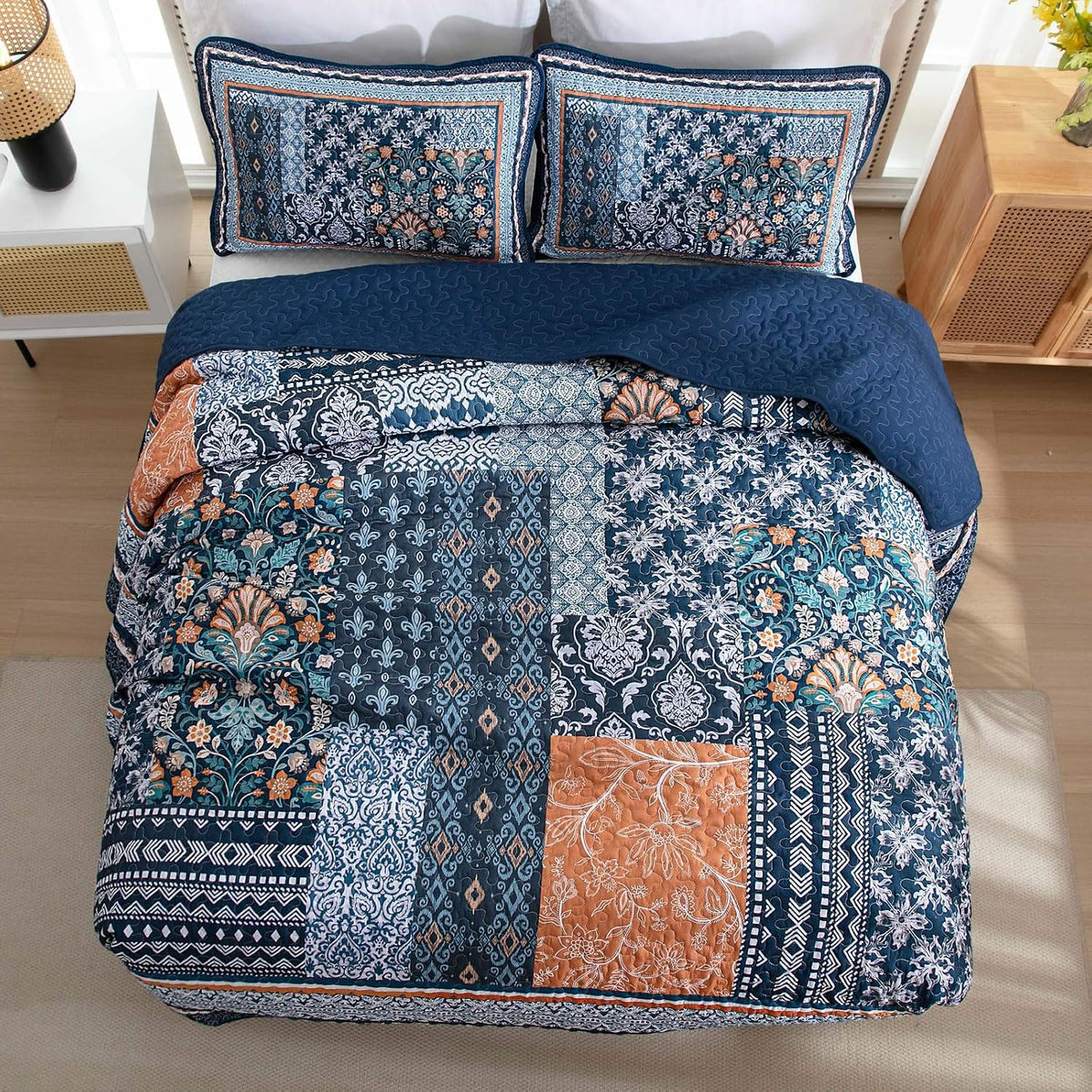 Boho Quilt Set Twin, 3 Pcs Navy Blue Patchwork Bedspread Set