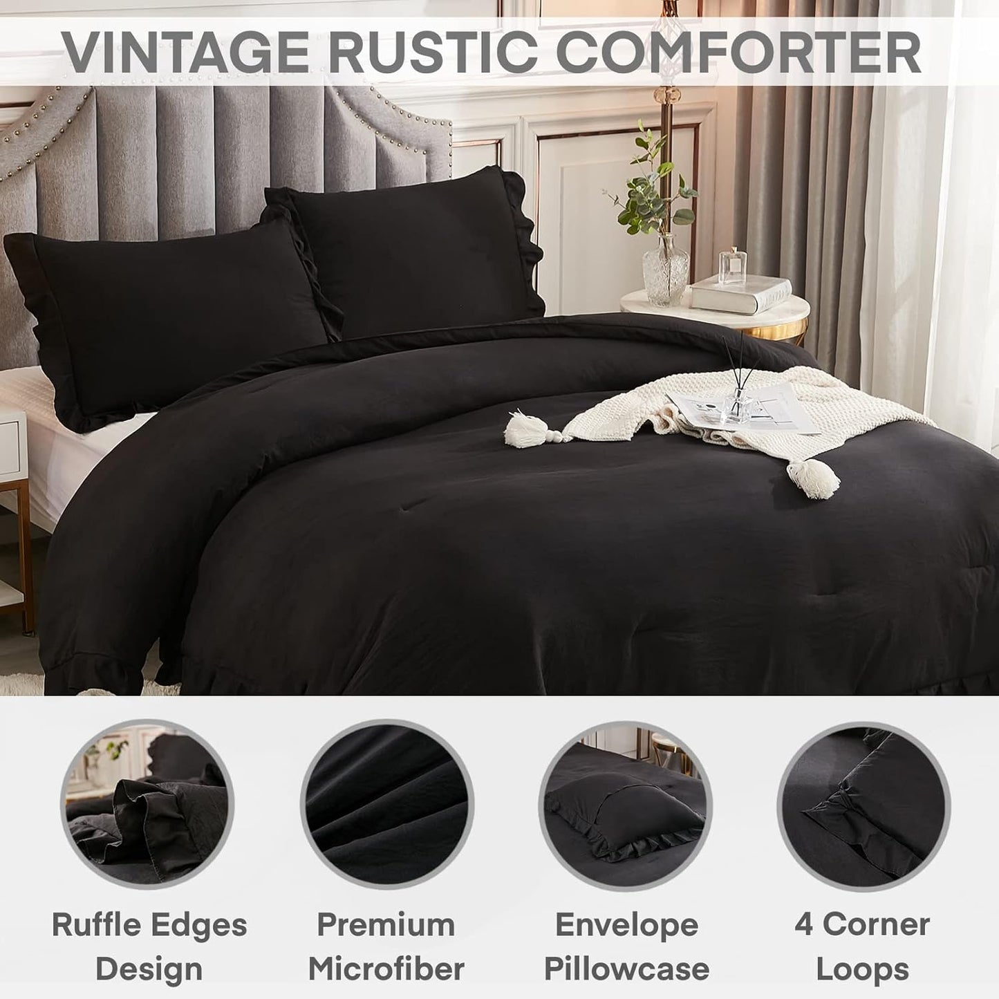 Black Full Size Comforter Set, 3 Pieces Ruffle Farmhouse Shabby Chic Bedding