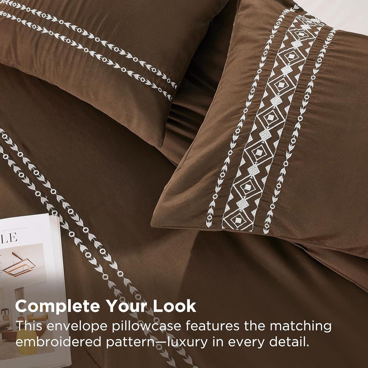 Embroidered Comforter Set Queen, 3-Piece Boho Bedding, Brown