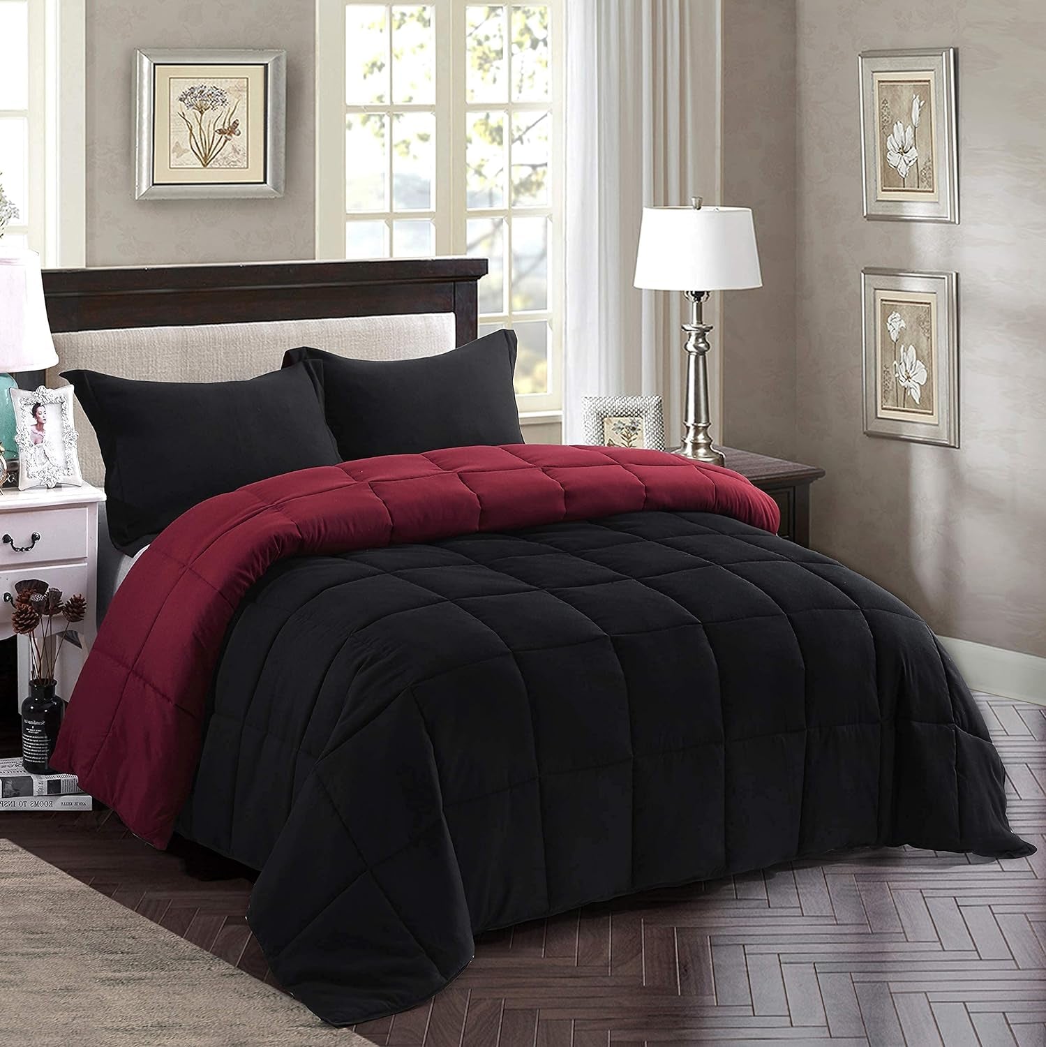 Reversible Comforter with Two Shams - Soft, Fluffy (Full/Queen, Black)