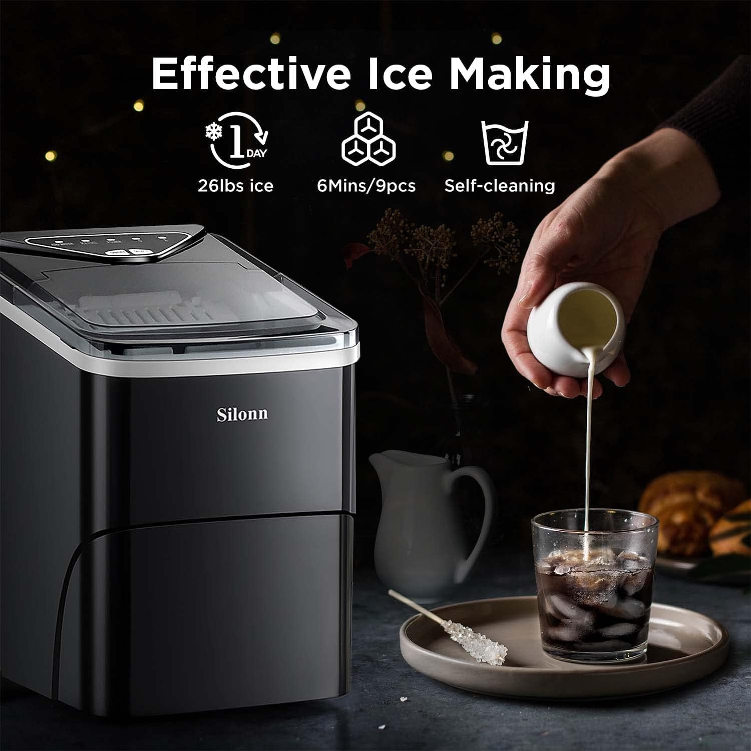 Ice Maker Countertop, 26Lbs in 24Hrs, Self-Cleaning Ice Machine with Ice Scoop and Basket