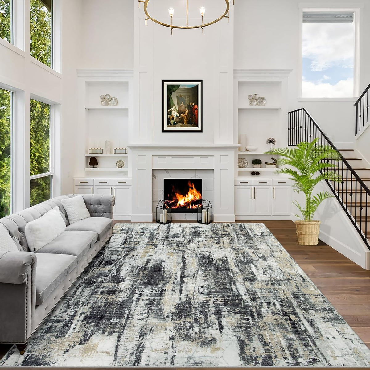 6X9 Area Rugs for Living Room: Washable Abstract Black Grey Gold Carpet