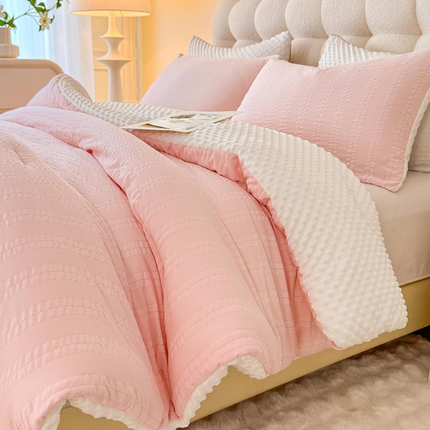 Boho Comforter Set, Full Size Striped Pleats Bohemian Seersucker Bedding Set, All Season Soft Cozy 3 Pieces Quilt with 2 Pillowcases(80"X90" Blush Pink)