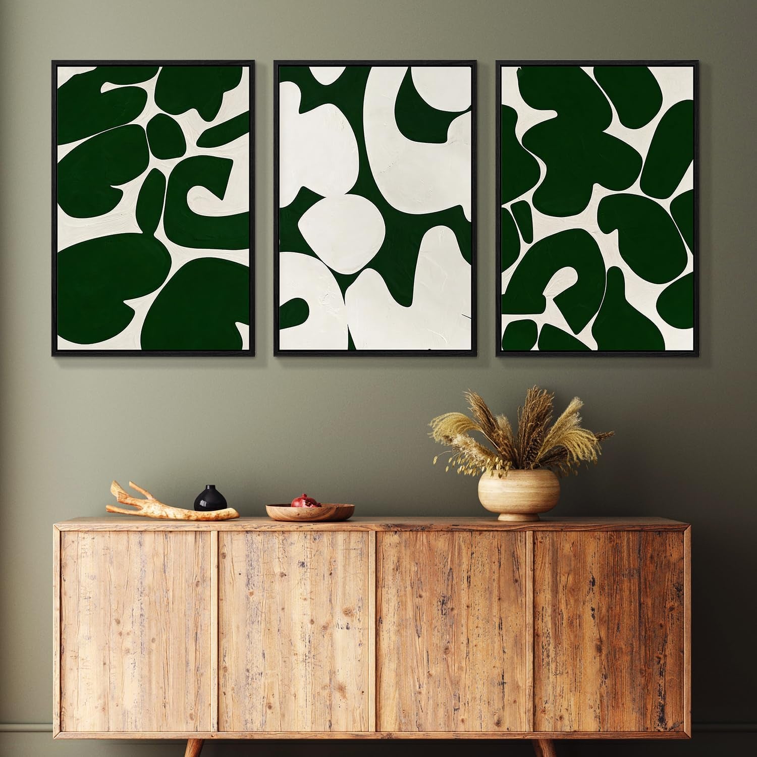3Pcs Framed Canvas Wall Art, Neutral Abstract Wall Art for Living Room, Green and White Pictures 12X16