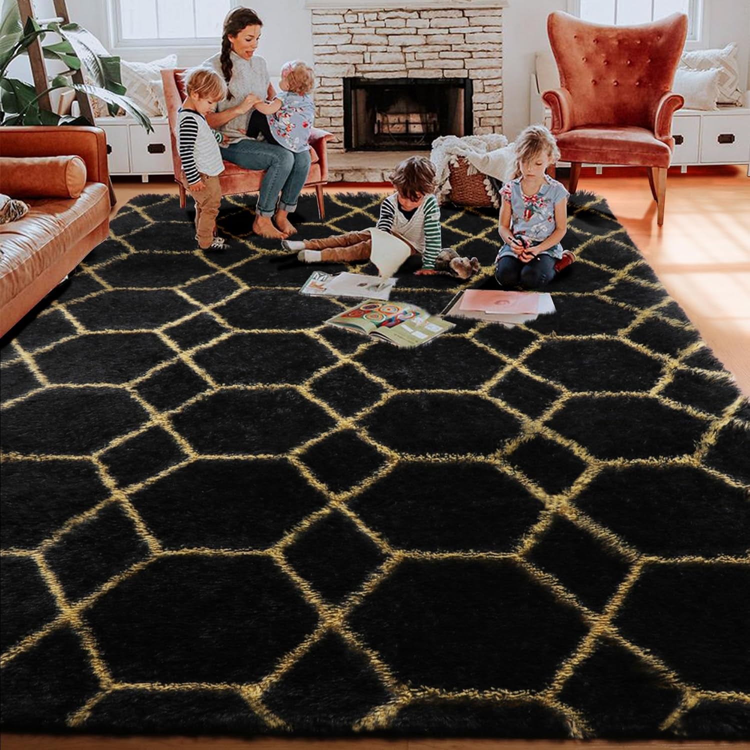 Geometric Thick Fluffy Black and Gold Area Rug, 6X9 