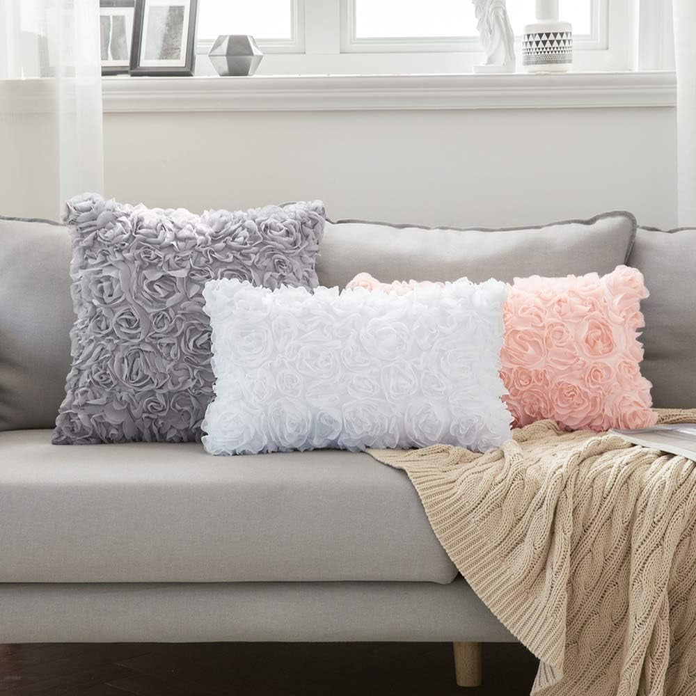 3D Decorative Romantic Rose Flower Throw Pillow Cover Solid 12X20 Inch Peach Pink