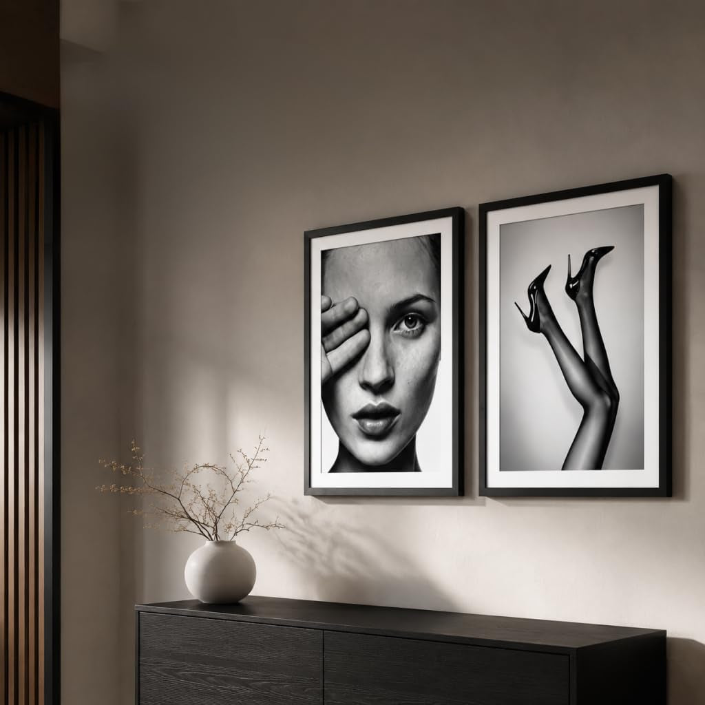 Set of 2 Framed Fashion Wall Art Canvas Prints Black and White 12X16 Inch