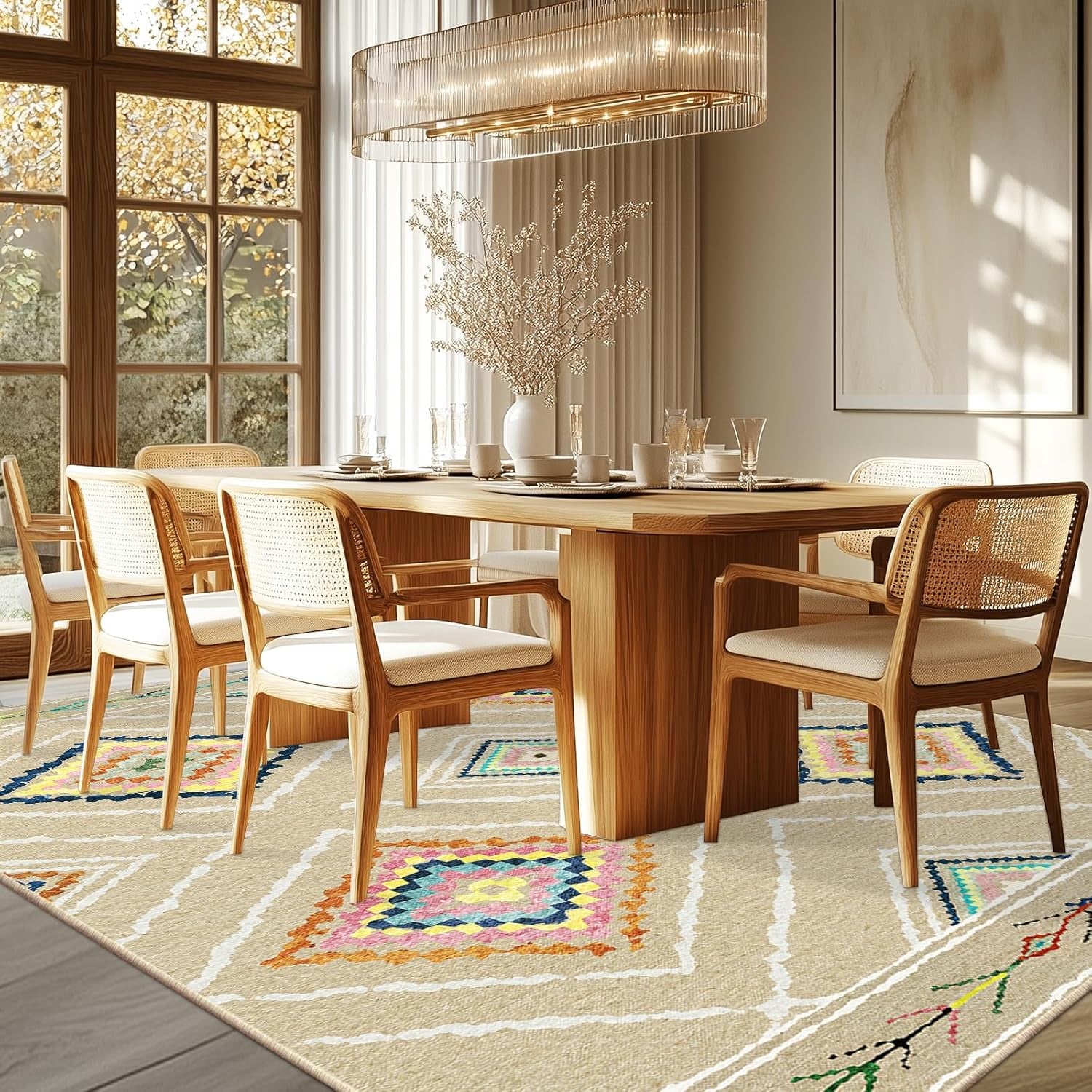 Area Rug 5X7 Rug Machine Washable Non-Slip Print Pattern Western Rug -Cream/Beige