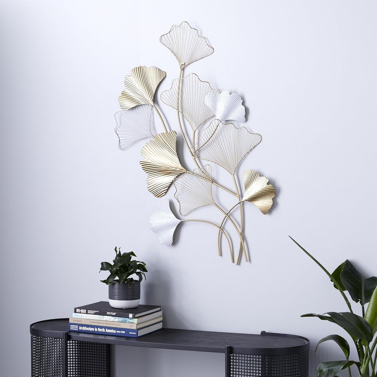 Metal Leaf Home Wall Decor Wall Sculpture with White Accents, Wall Art 25" X 2" X 40", Gold