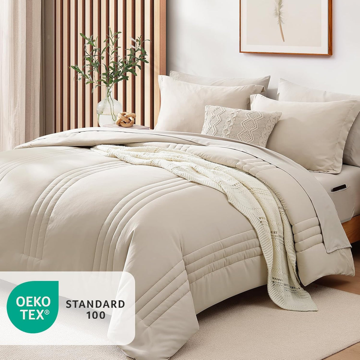 Queen Comforter Set-7 Pieces Beige Soft Bed in a Bag Queen Bedding Sets