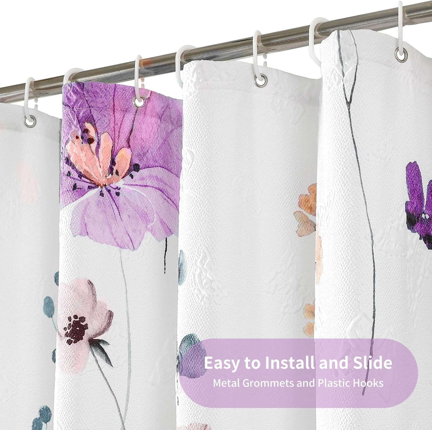 Watercolor Floral Shower Curtain, 3D Embossed Butterflies Purple Pink Flower Bathroom Curtain, Minimalist White Cloth with Hooks, 72X72