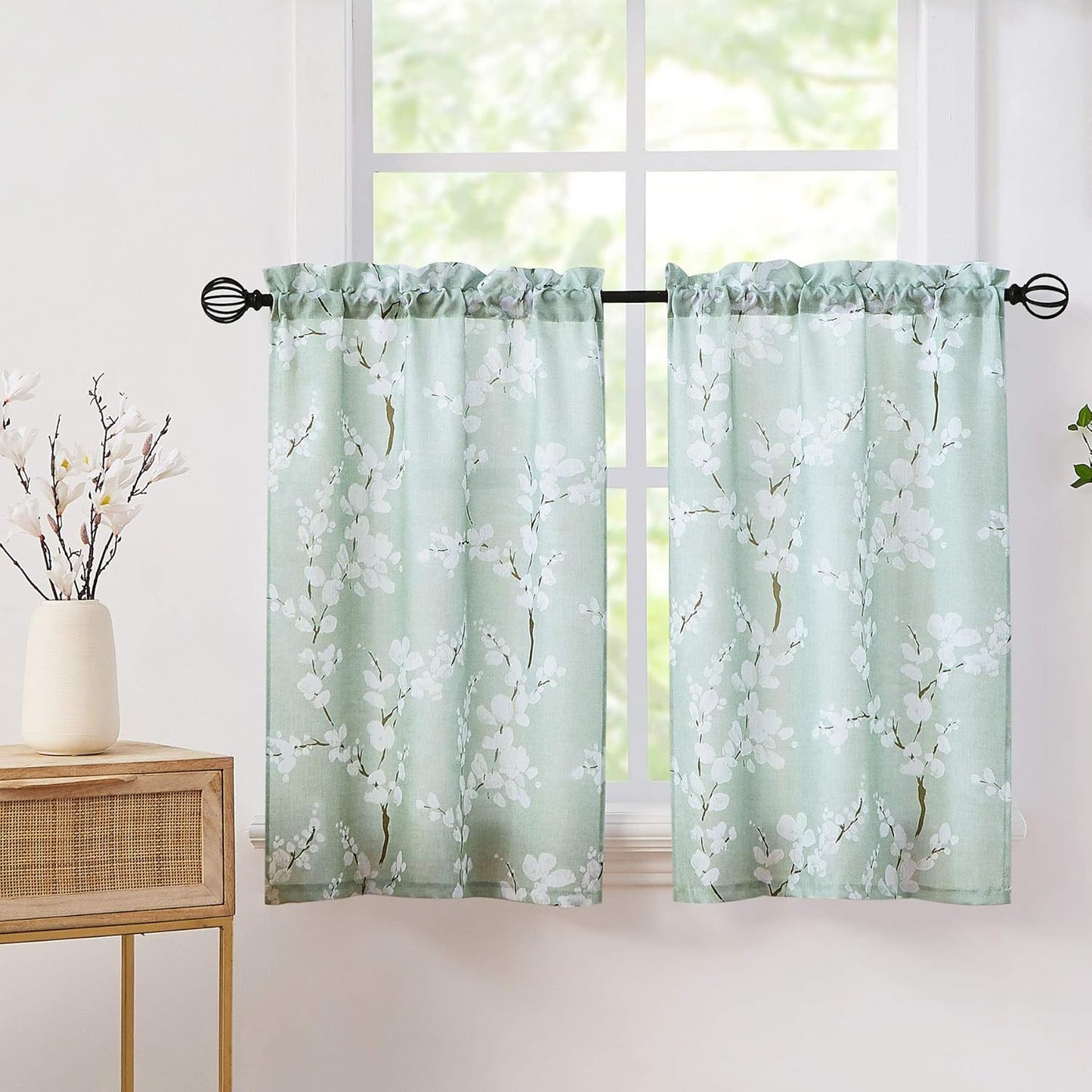 Blossom Floral Printed Tier Kitchen Curtain 36 Inch Length Green White Botanical Design 2 Panels