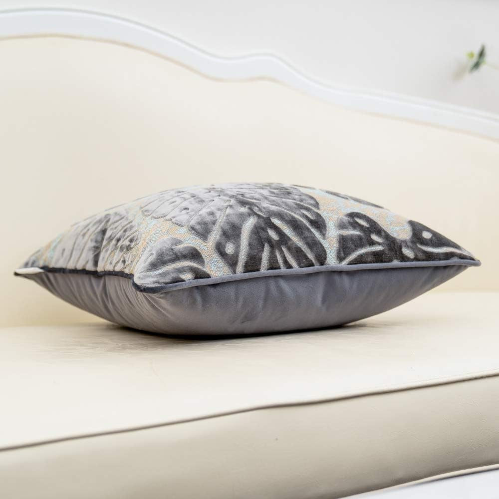 12 X 20 Inch Rectangle Leaf Pillow Embroidery Cut Velvet Cushion Case Luxury Modern Lumbar Throw Pillow Cover Decorative Pillow for Couch Sofa Living Room Bedroom Car, Gray Silver